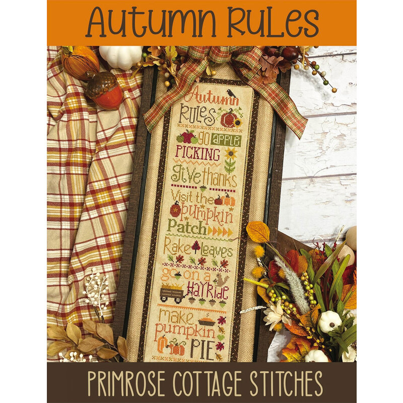 The front of the Autumn Rules Cross Stitch pattern by Primrose Cottage showing the finished project.