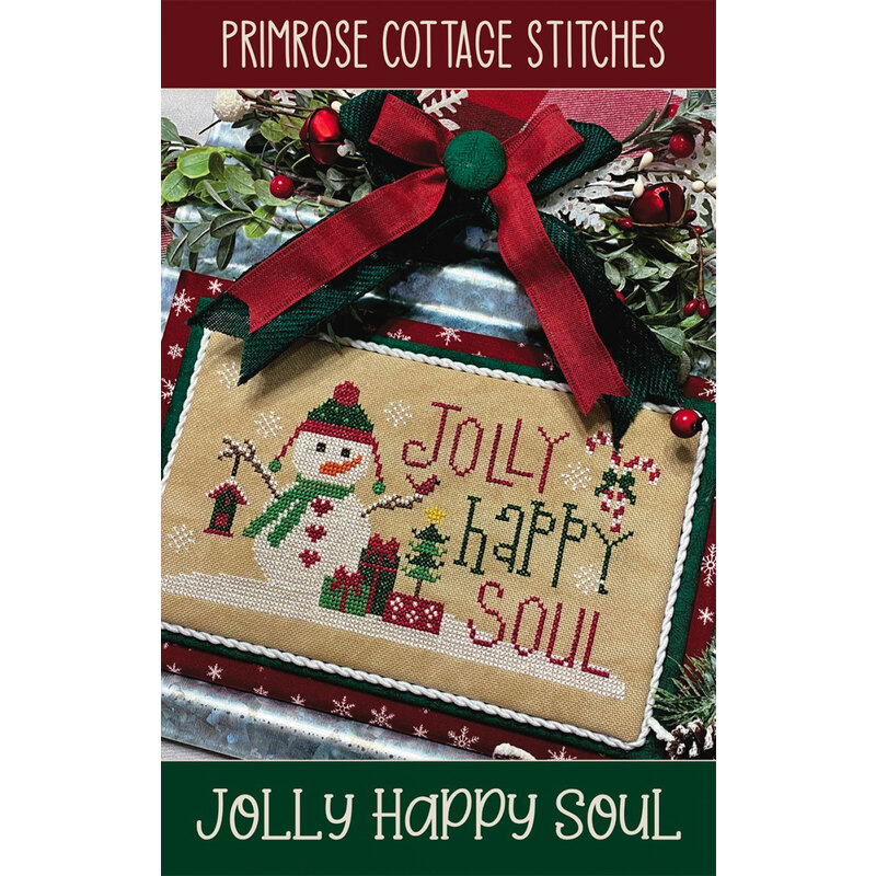 The front of the Jolly Happy Soul Cross Stitch pattern by Primrose Cottage showing the finished project.