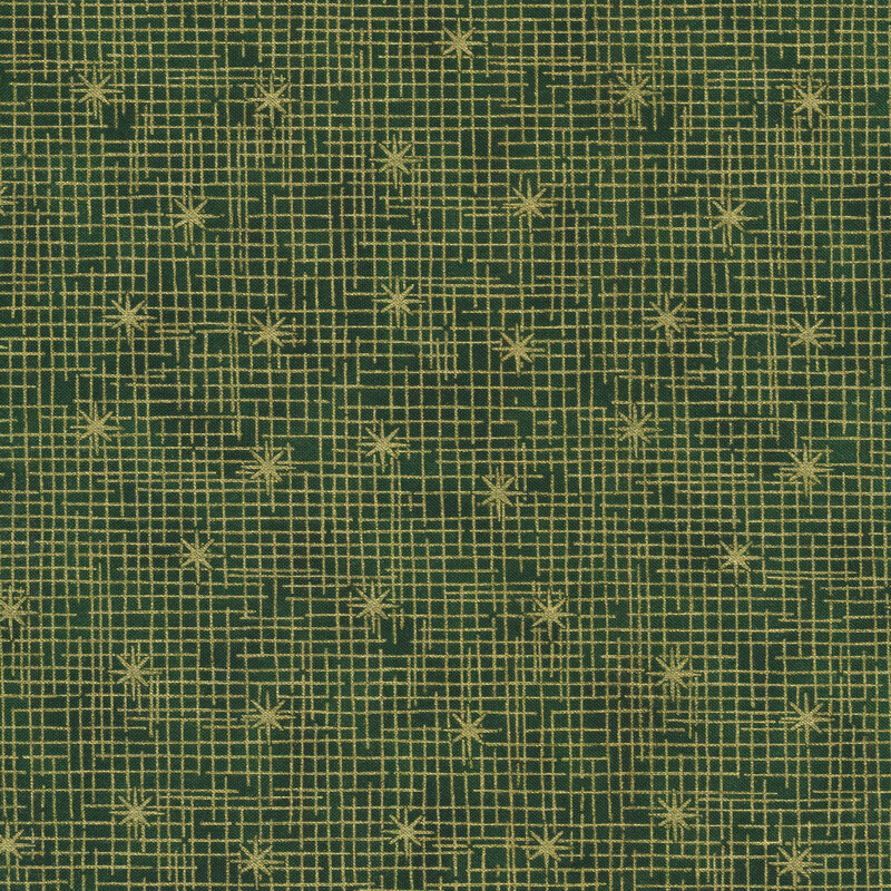 Dark green mottled fabric with golden metallic stars and cross hatch accents.