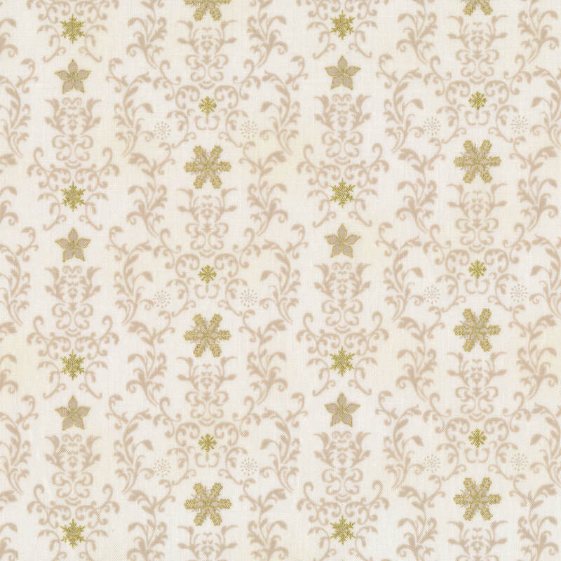 Off white fabric with light tan elegant swirls and scrolls with gold metallic snowflake accents
