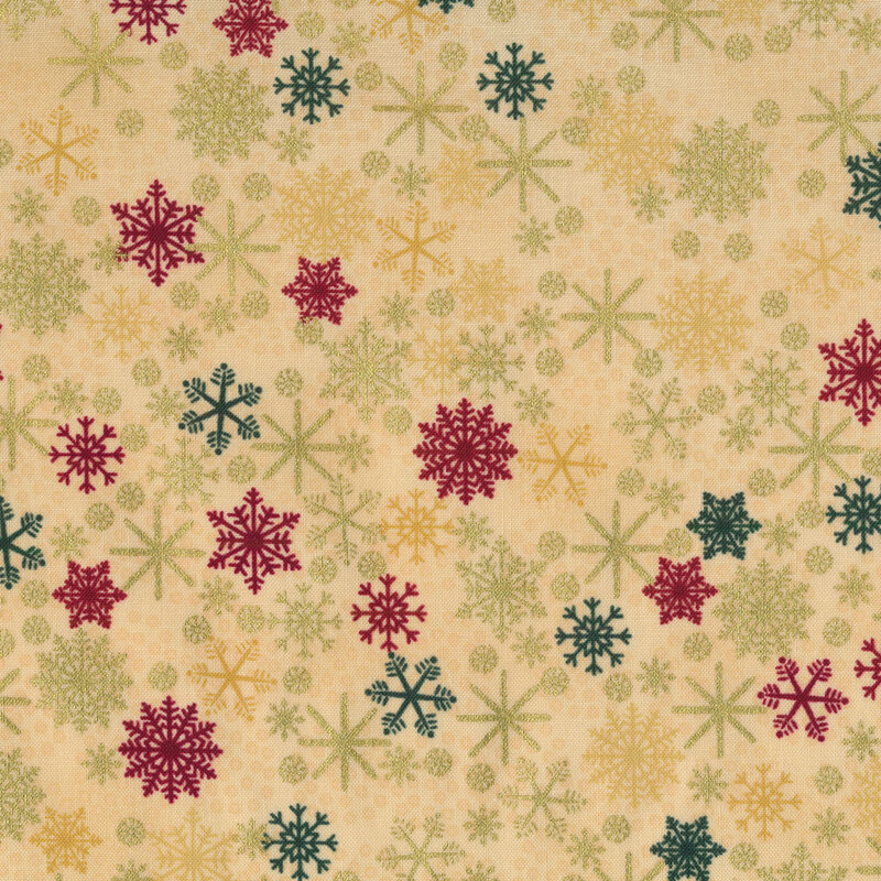 Mottled light tan fabric with red, green, tan, and gold metallic snowflakes all over