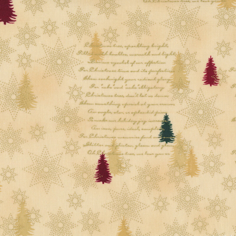 Light tan mottled fabric with green, red, and tan pine trees, and gold metallic stars and cursive script
