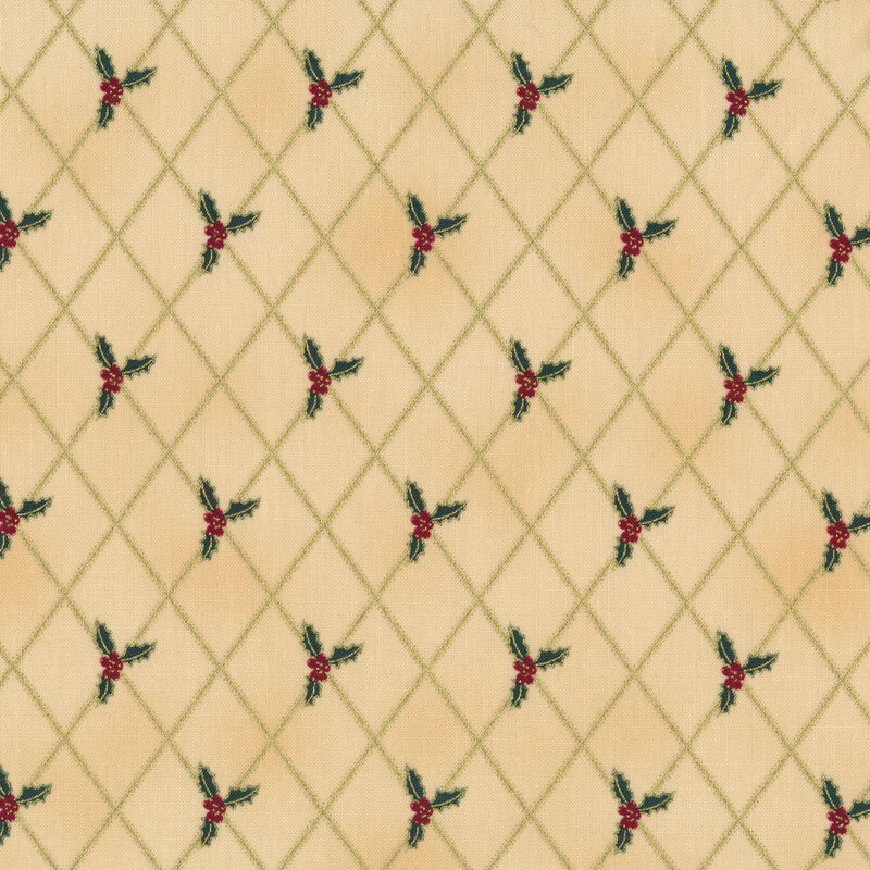 Light tan mottled fabric with gold lattice accents and small holly berries