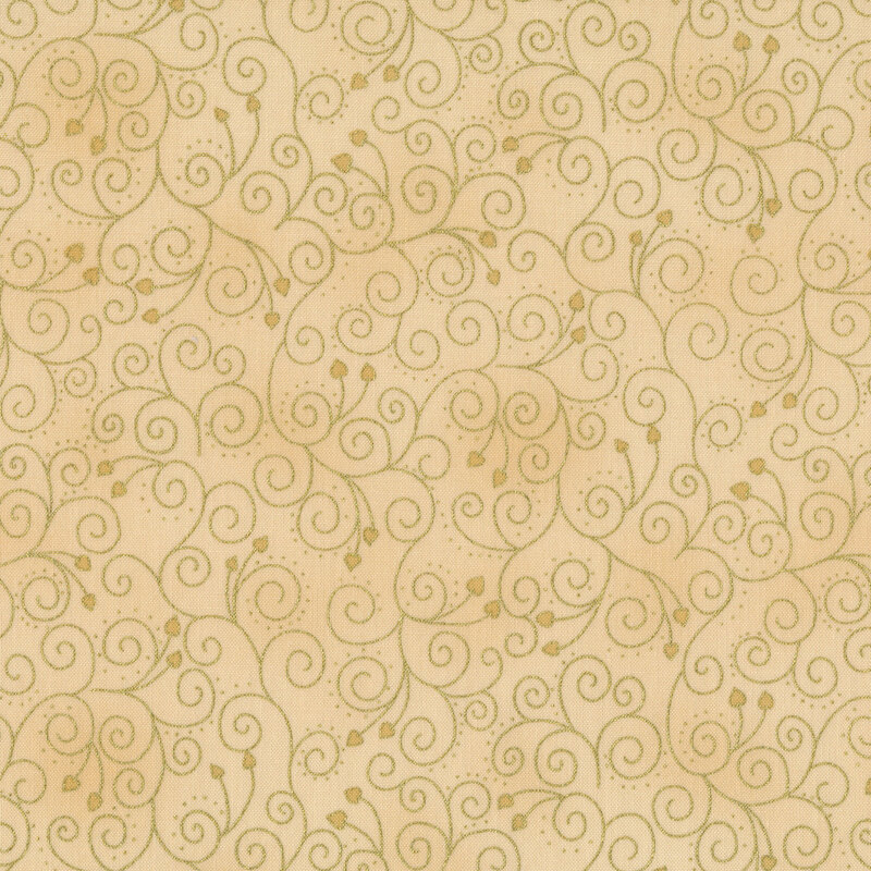 Light tan mottled fabric with gold metallic swirls, scrolls, and leaves