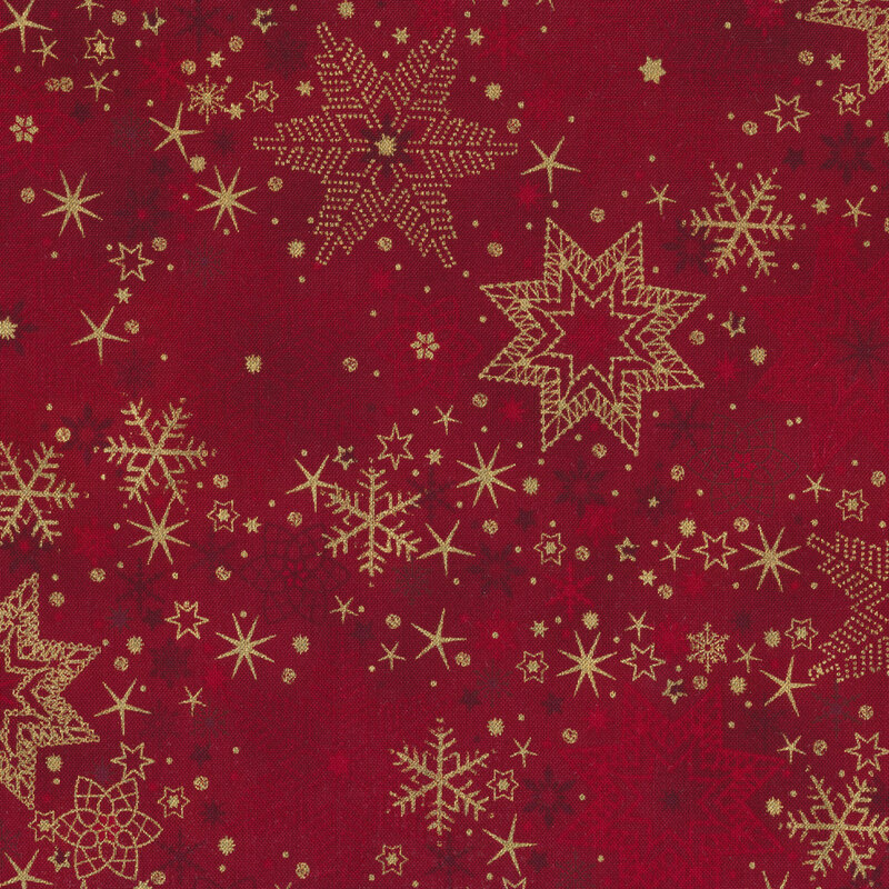 Dark red mottled fabric with dark snowflakes and metallic gold star accents