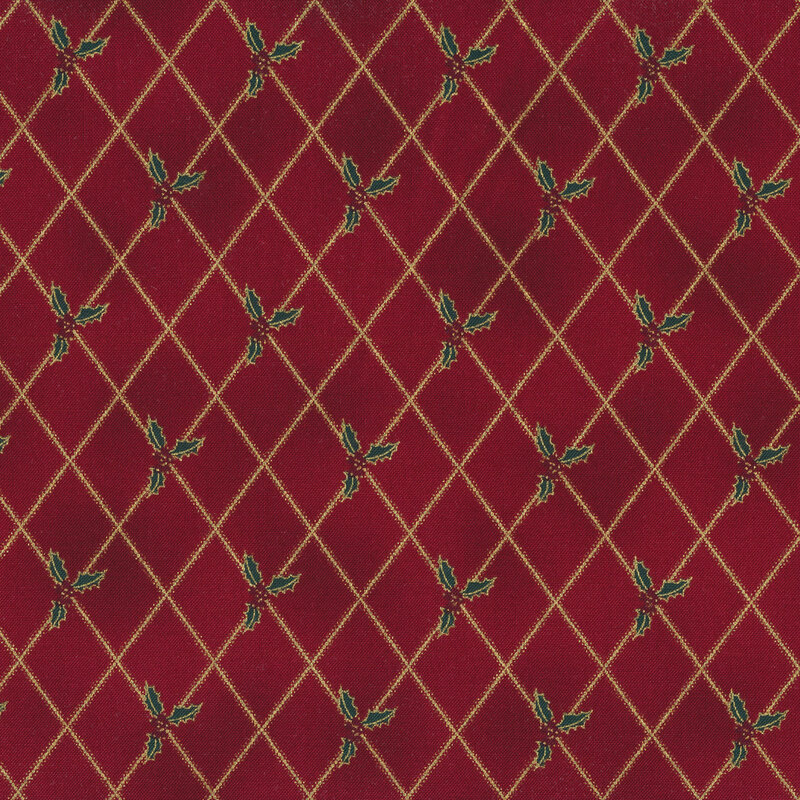 Red mottled fabric with gold metallic lattice accents and green holly throughout
