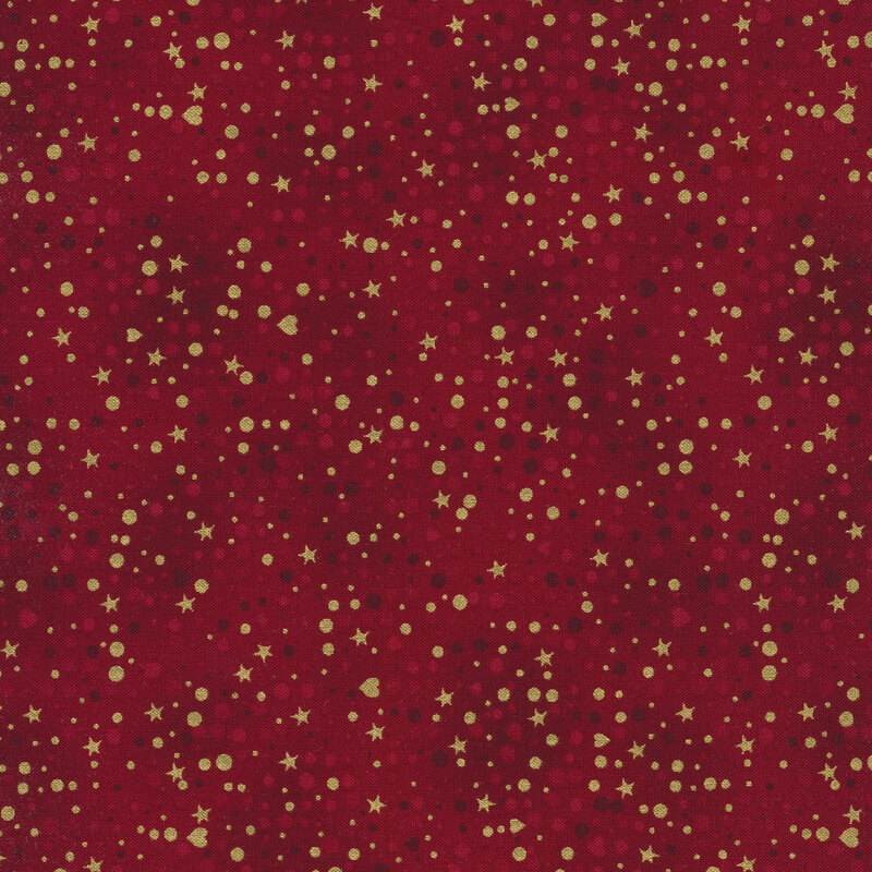 Red mottled fabric with small dark red polka dots and gold metallic stars and hearts