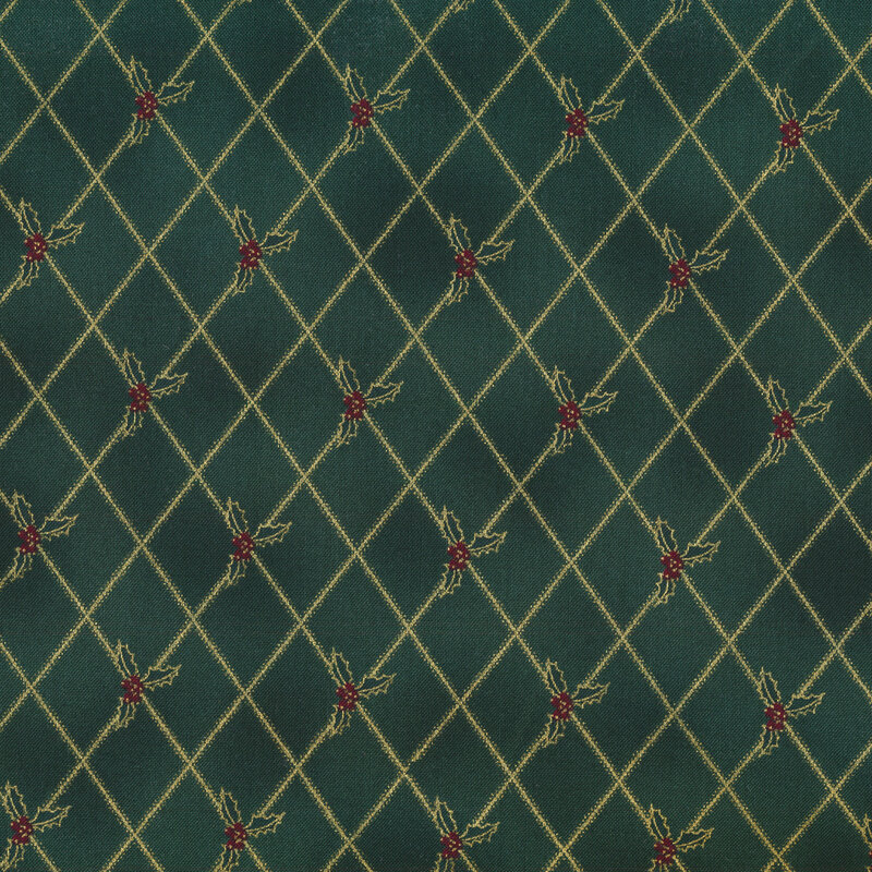 Dark green mottled fabric with gold metallic lattice accents and holly throughout