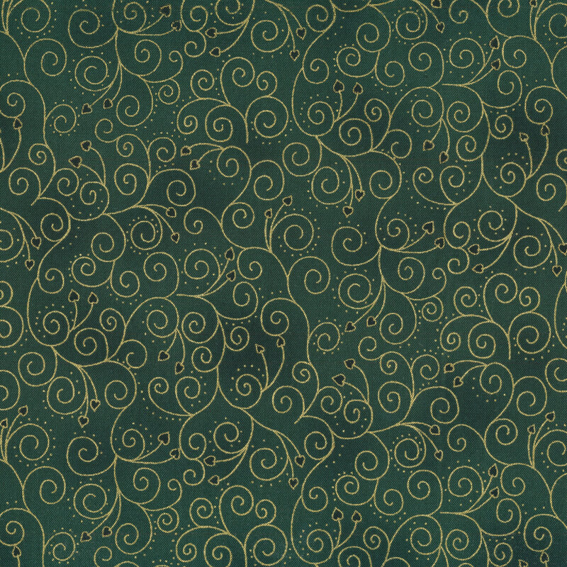 Dark green mottled fabric with gold metallic swirls and scrolls with leaves.