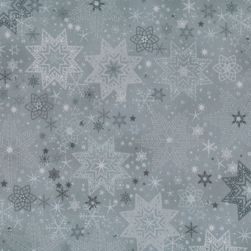 Gray mottled fabric with silver metallic stars and snowflakes all over