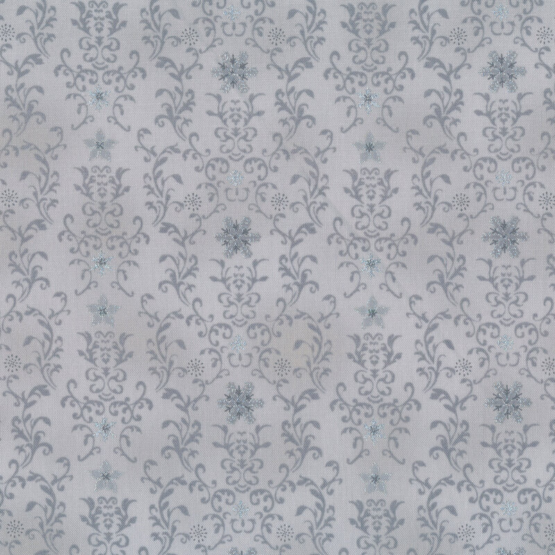 Gray mottled fabric with elegant dark gray swirls and scrolls and silver metallic snowflake accents