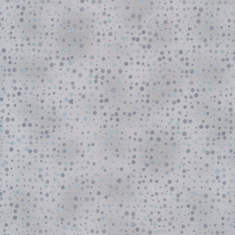 Gray fabric with dark gray polka dots and silver metallic dots, hearts, and stars