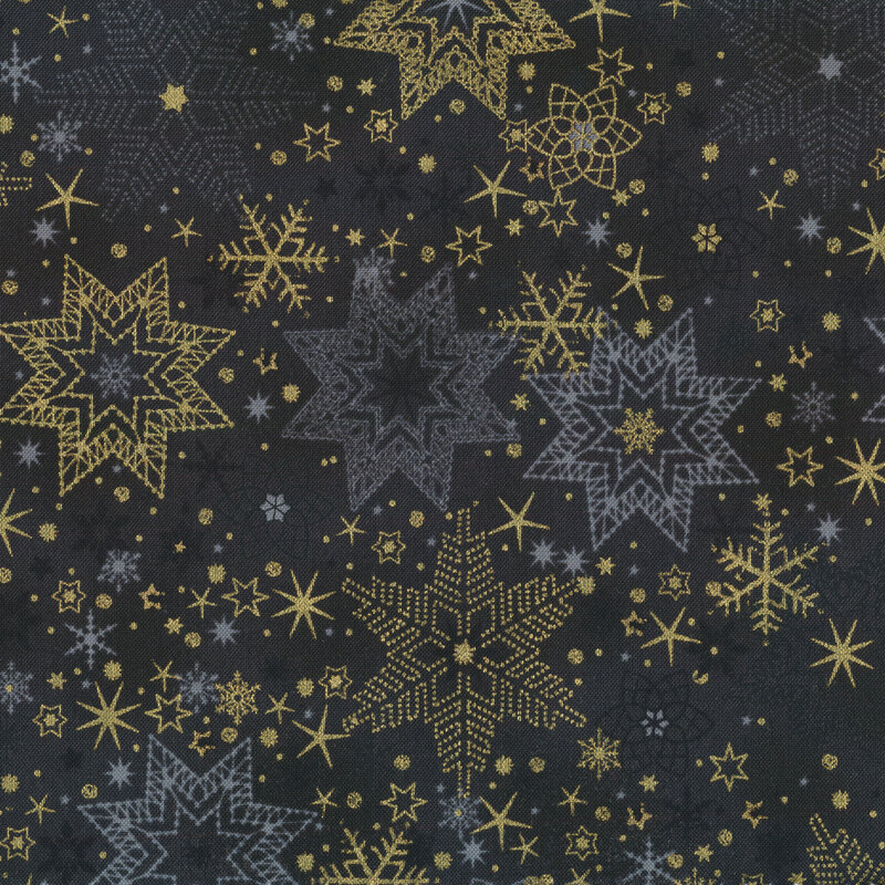Black fabric with gold and silver metallic snowflakes and stars all over