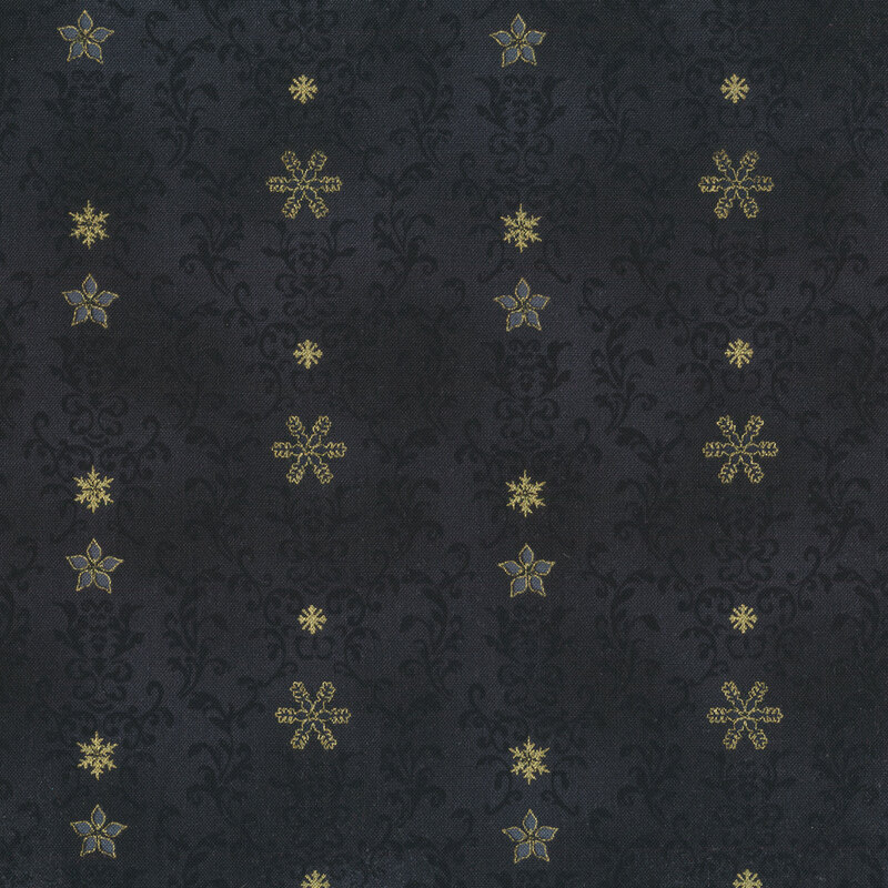 Black mottled fabric with elegant swirls and scrolls and snowflakes with gold metallic outlines