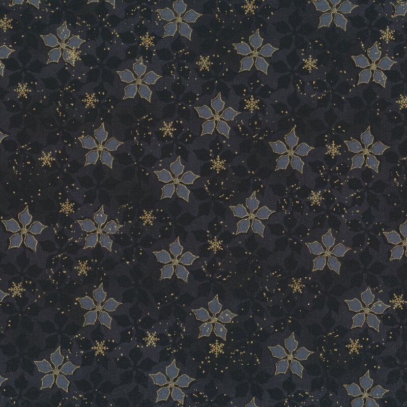 Black mottled fabric with dark gray poinsettias with gold metallic outlines and stars