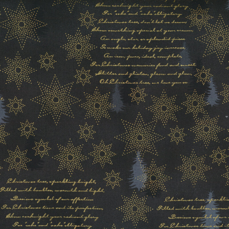 Black mottled fabric with dark gray pine trees and gold metallic stars and cursive writing