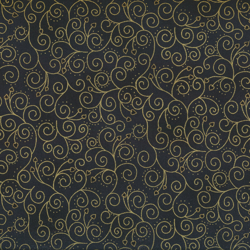 Black mottled fabric with gold metallic swirls and scrolls with leaves.