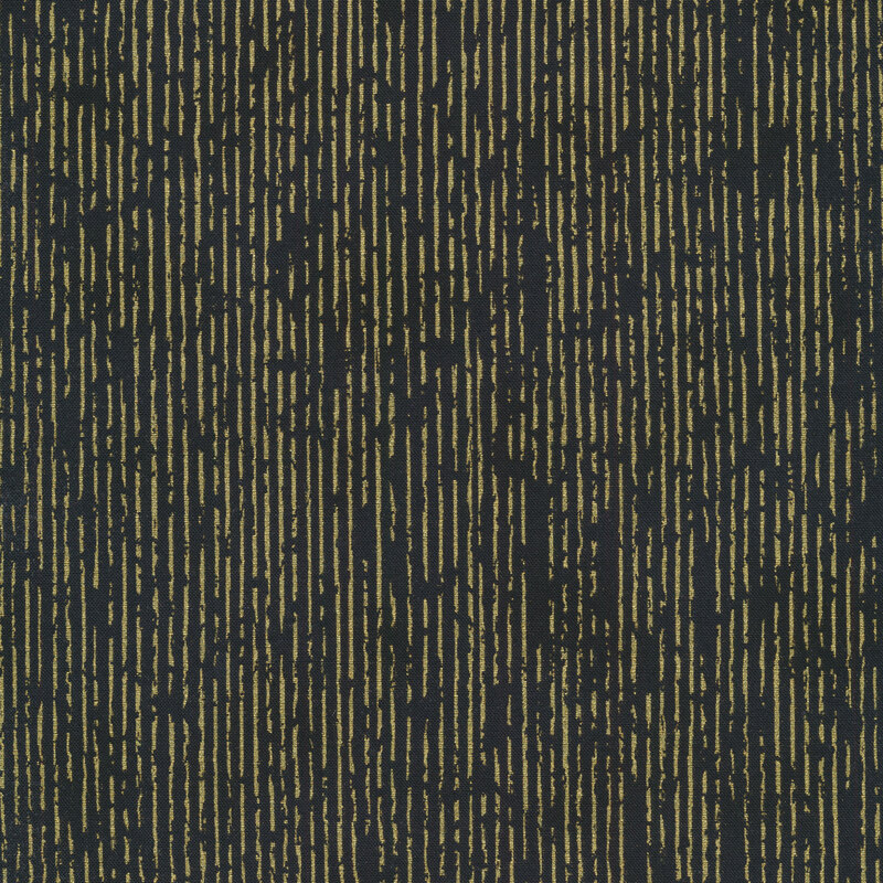 Black mottled fabric with gold metallic dashed stripes