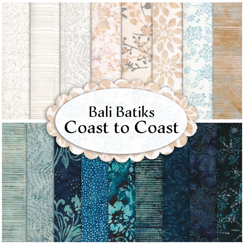 A collage of fabrics included in the Bali Batiks Coast to Coast fabric collection