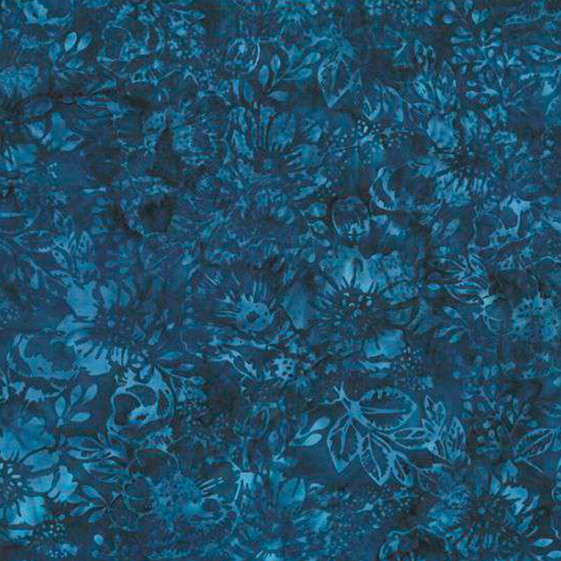 Navy blue tonal batik with leaves, flowers, and mottling