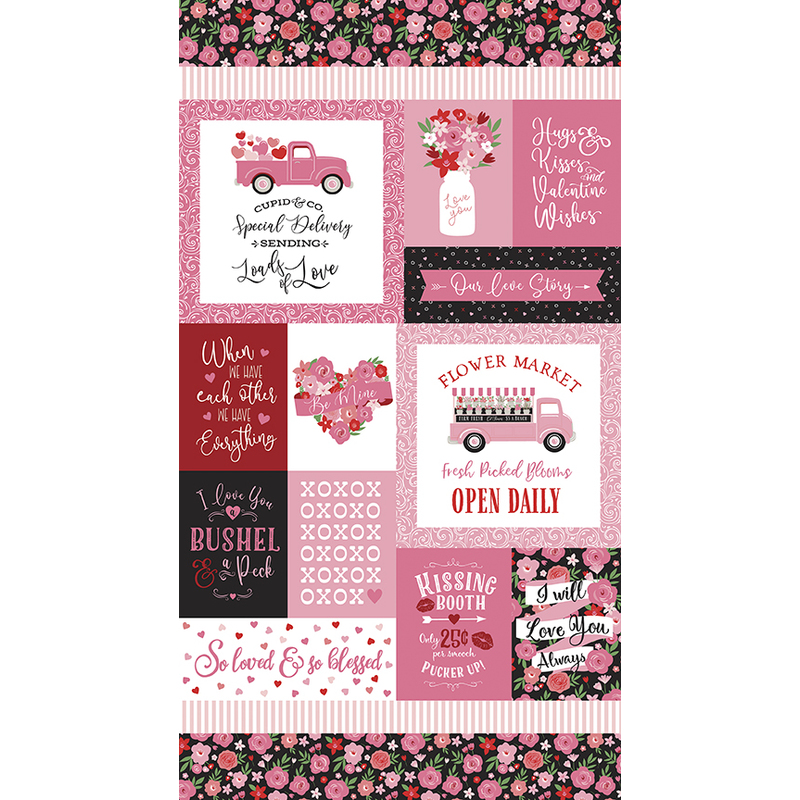 Panel with multiple blocks of valentine related words and sayings, with motifs of hearts, flowers, swirls, stripes, and cute imagery