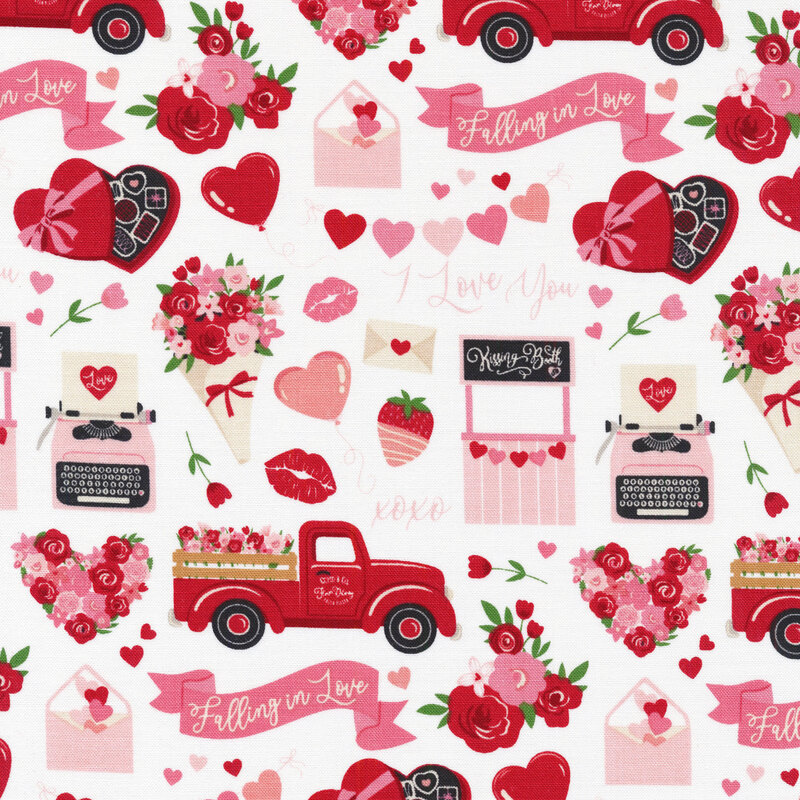 Fabric of an array of hearts, flowers, balloons, love letters, chocolates, trucks, classic Valentine's Day sayings, and other cute pictorials on a white background