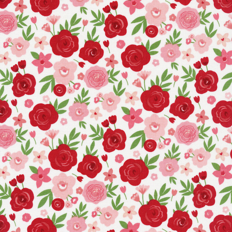 Fabric of an array of roses and flowers on a white background