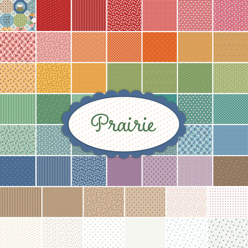 A collage of prairie themed fabrics from the Riley Blake Prairie collection