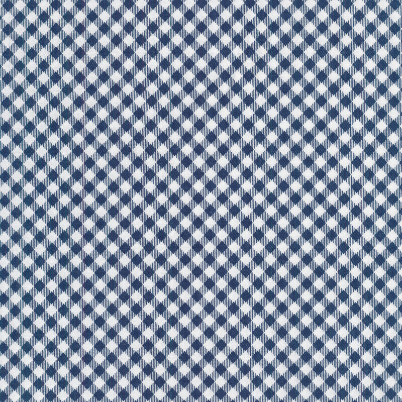 Scan of fabric featuring a small diagonal blue gingham print