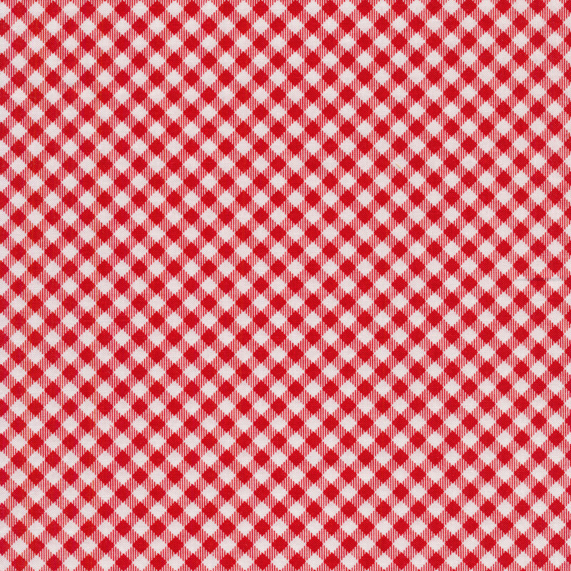 Scan of fabric featuring a small diagonal red gingham print