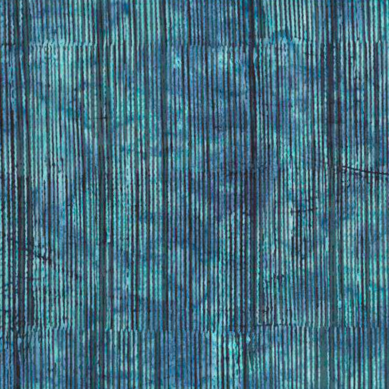 Blue and teal mottled batik fabric with dark navy stripes all over