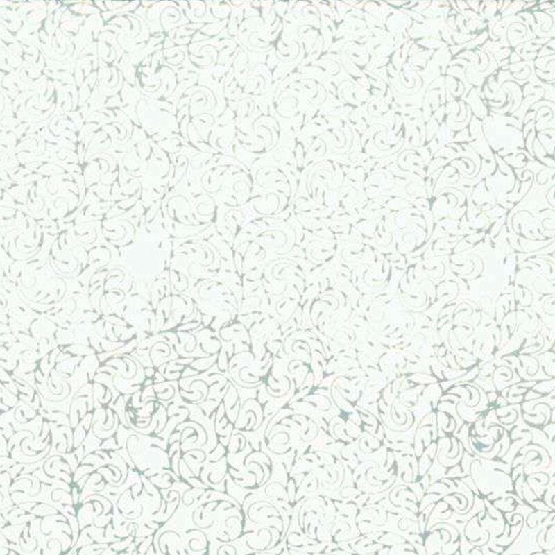 Solid white fabric with gray swirls and scrolls all over