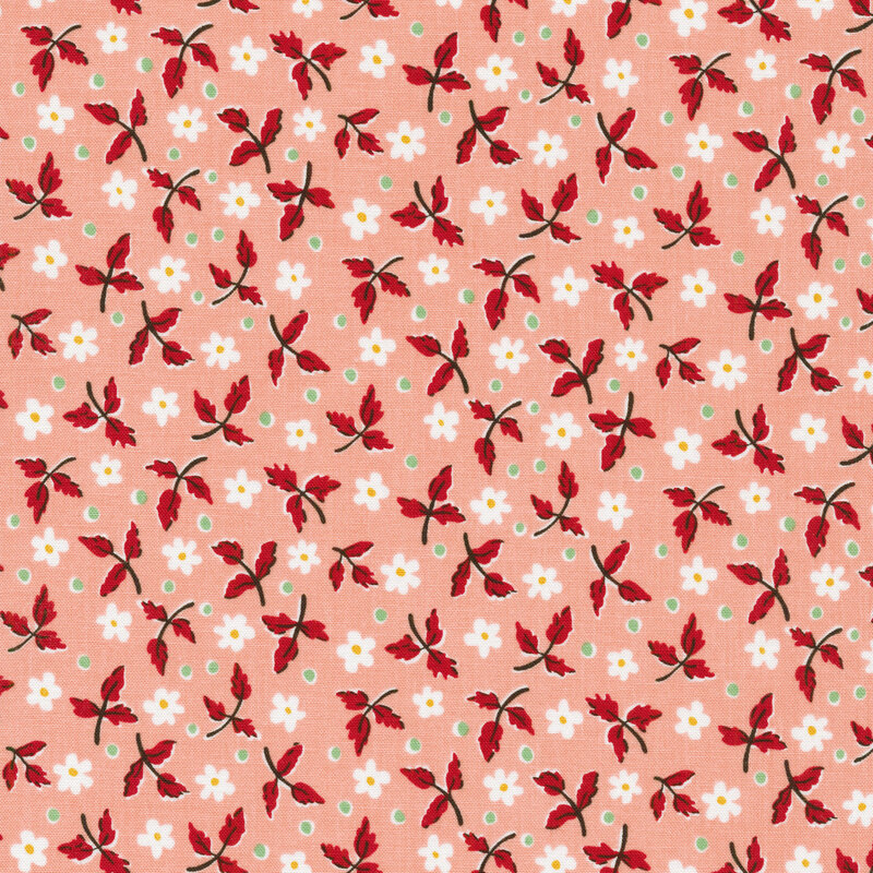 Fabric showcases red leaves, white daisies, and teal dots on a pink background