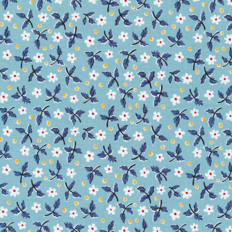 Fabric showcases blue leaves, white daisies, and yellow dots on a light blue background