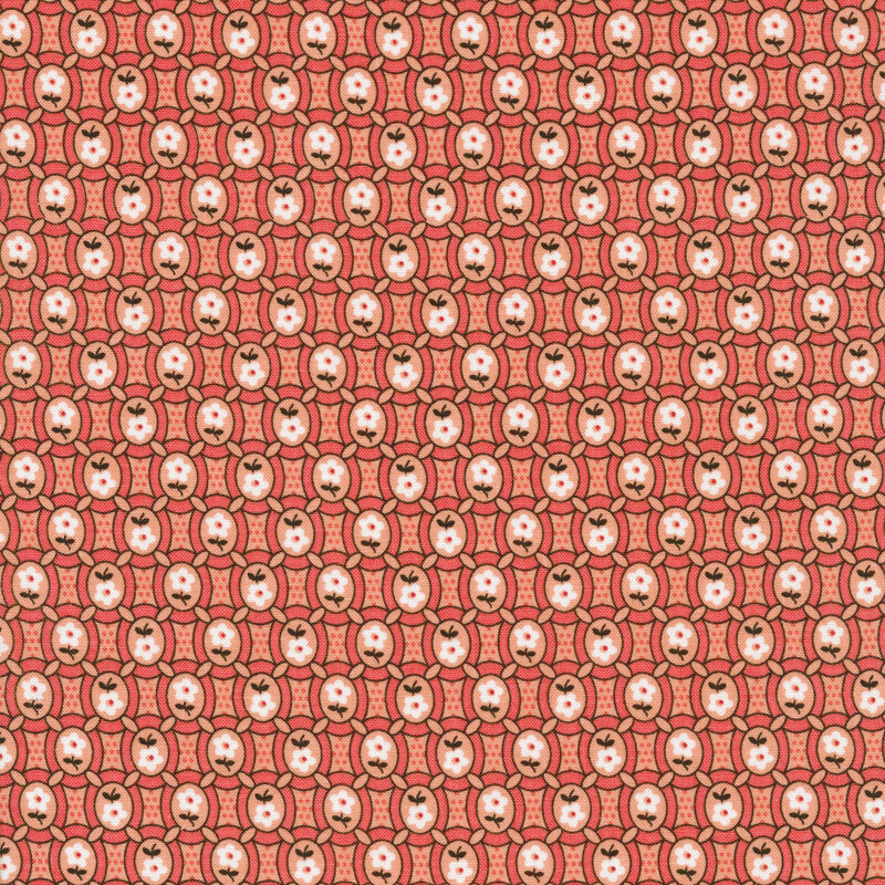 Tiled fabric has small white flowers in ovals on a coral background