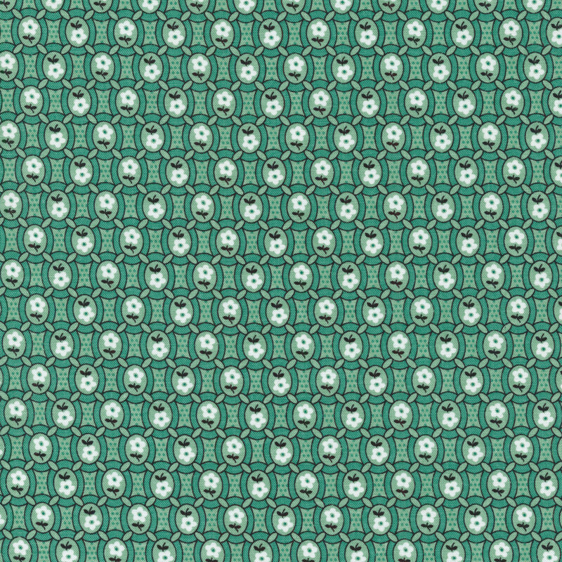 Tiled fabric has small white flowers in ovals on a teal background