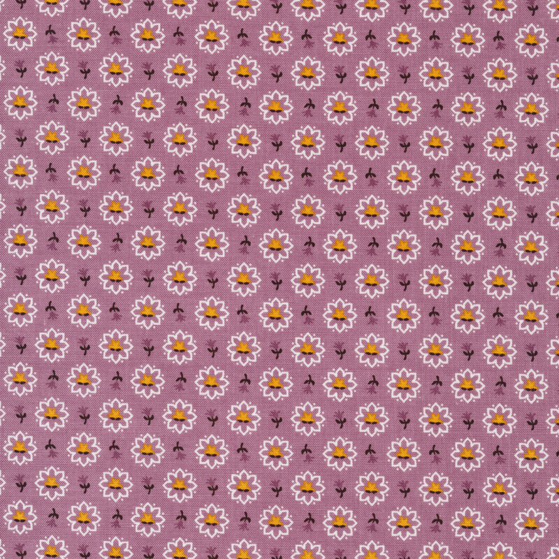 Fabric of an array of flowers on a purple background