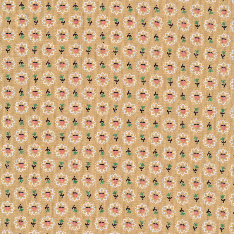 Fabric of an array of flowers on a tan background