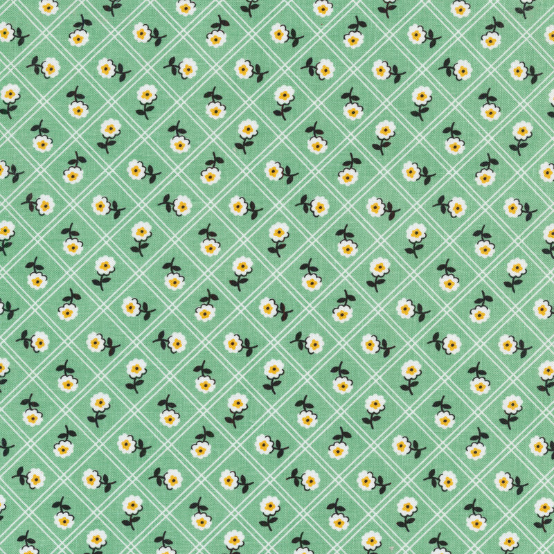 Fabric features a thin, double striped lattice pattern filled with flowers on a teal background
