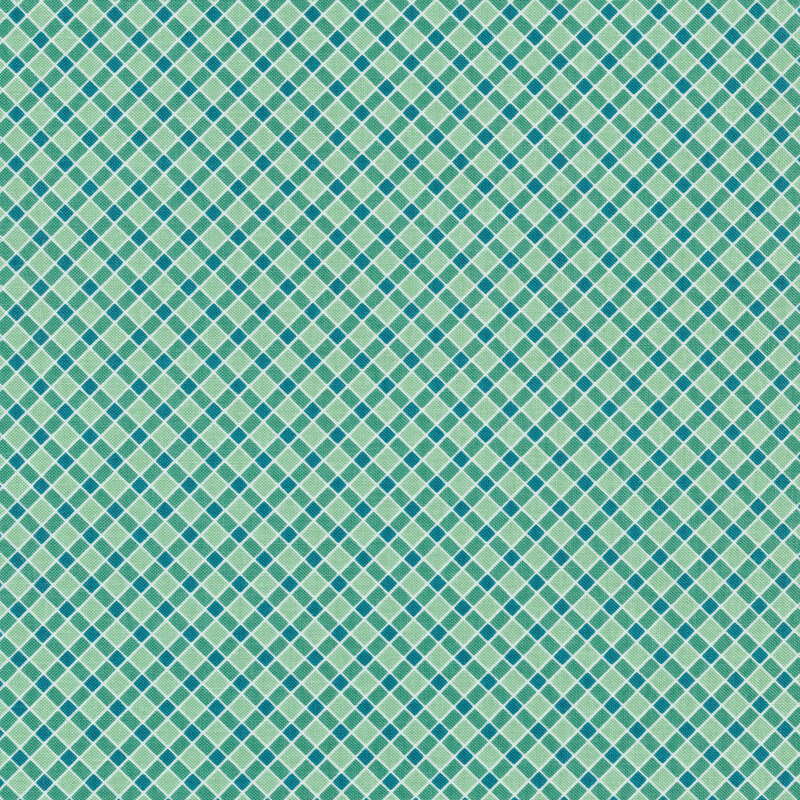 Fabric of a tonal diagonal plaid on a teal background