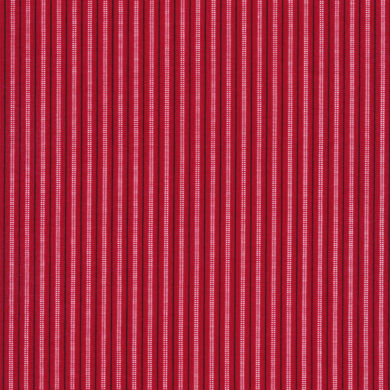 Striped fabric of large white and small black stripes on a red background