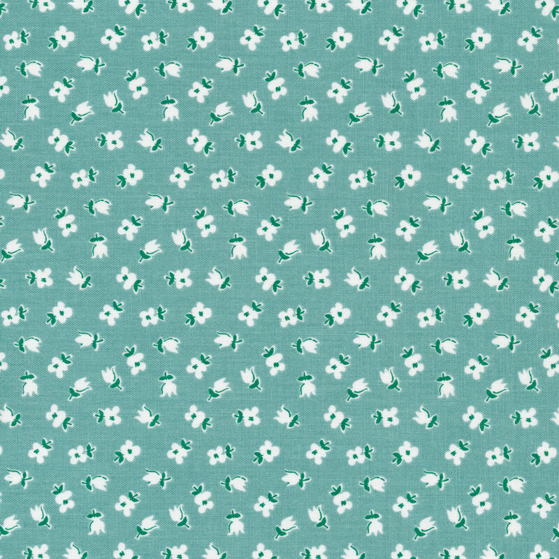 Ditsy fabric of white flowers on a dark teal background