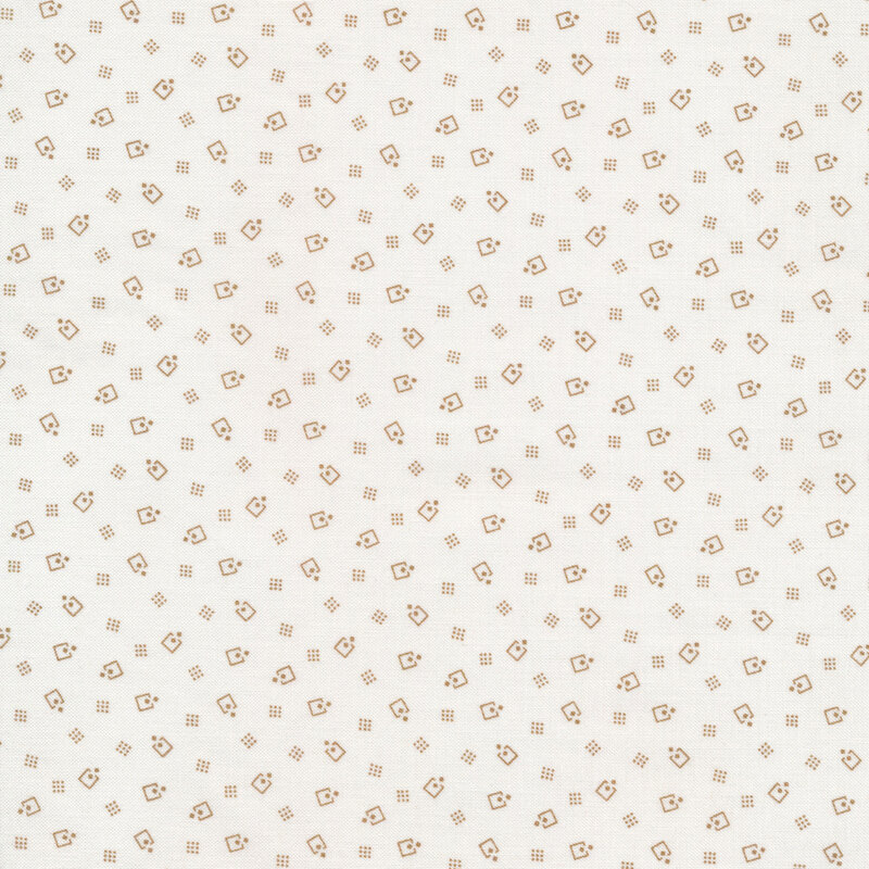 Fabric of scattered brown geometric designs on a white background