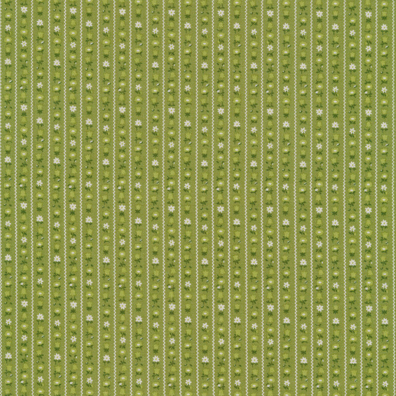 Fabric with stripes of flowers and zig zag lines on a green background