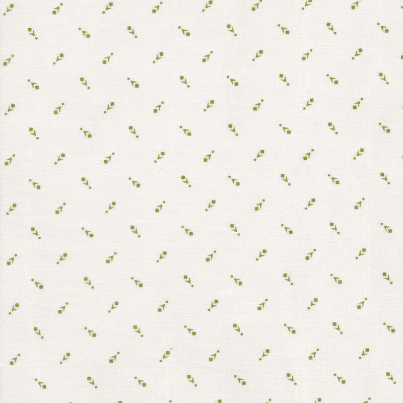 Fabric of a green geometric print with small chevrons, dots, and squares on a white background