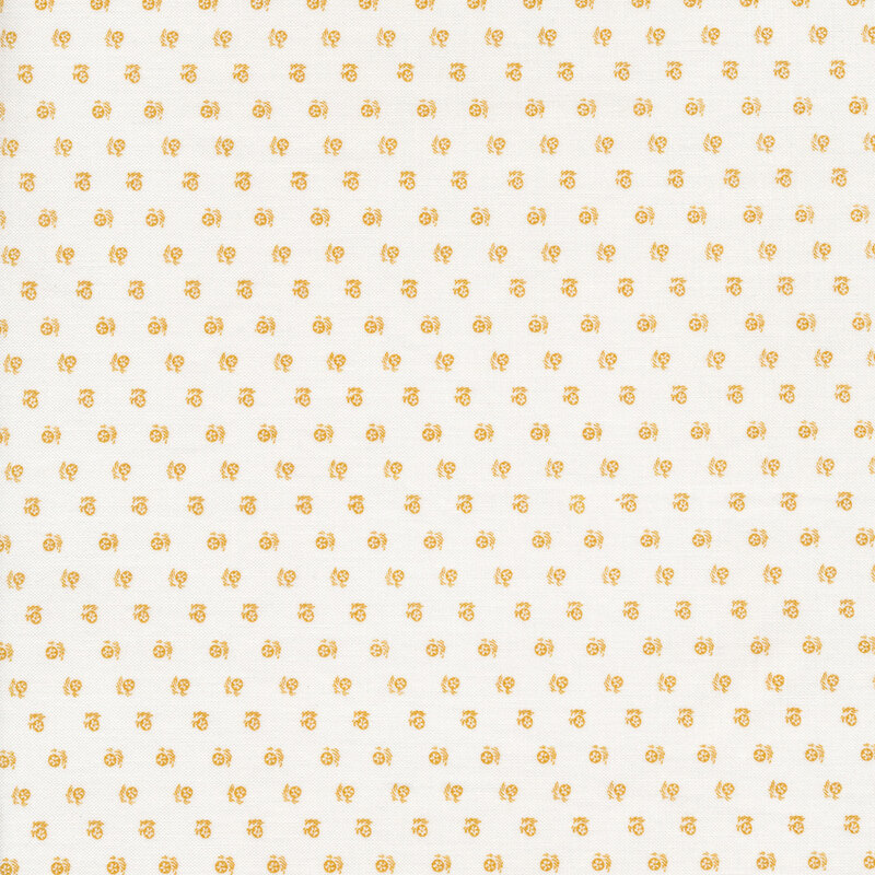 Fabric with an array of tiny yellow flowers on a white background