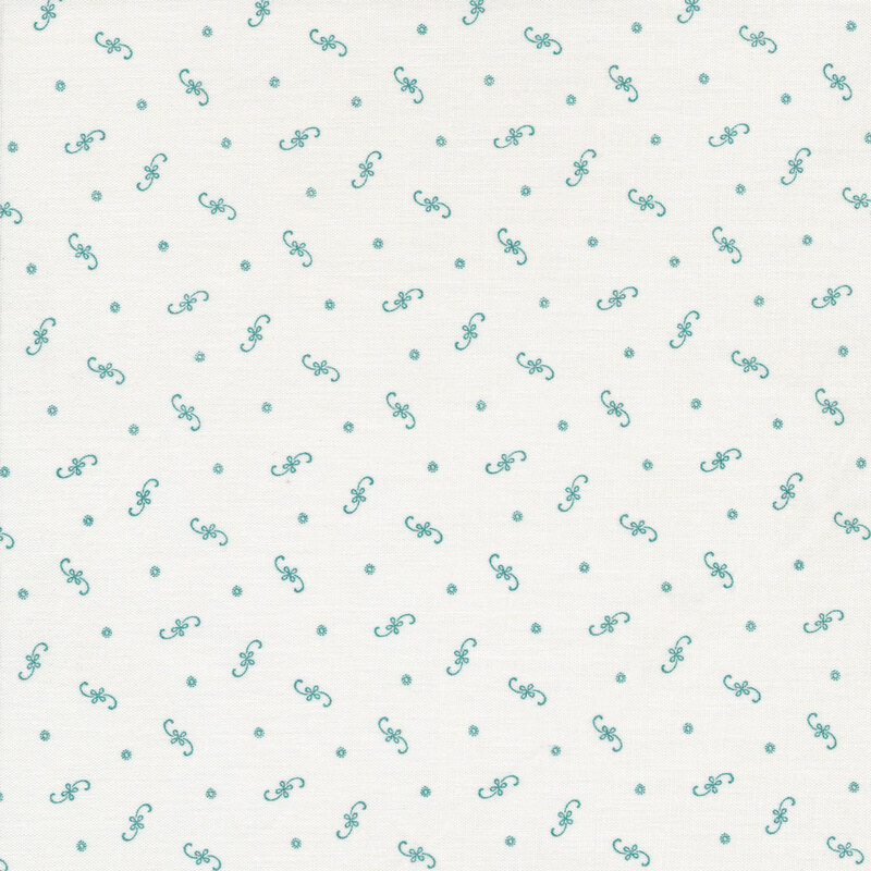 Ditsy fabric with teal floral flourishes and dots on a white background