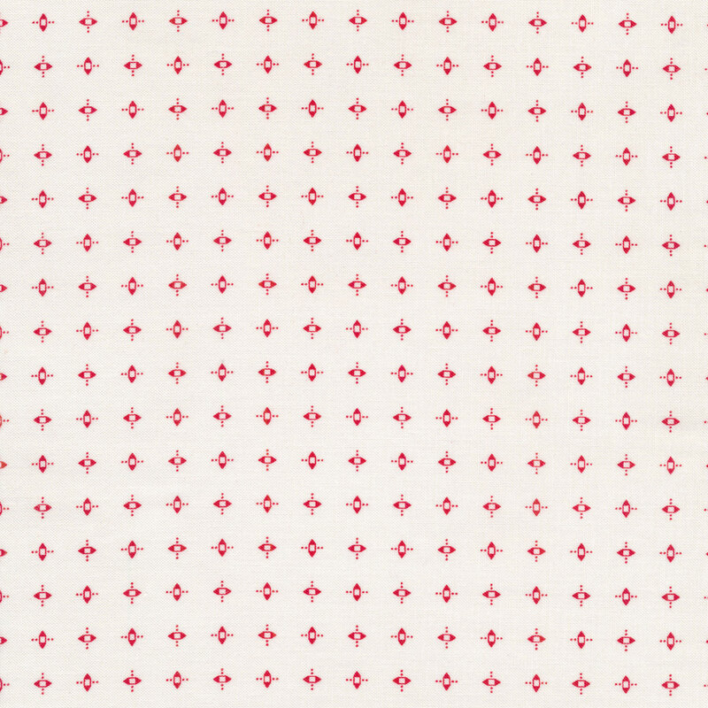 Fabric of an array of red geometric shapes on a white background