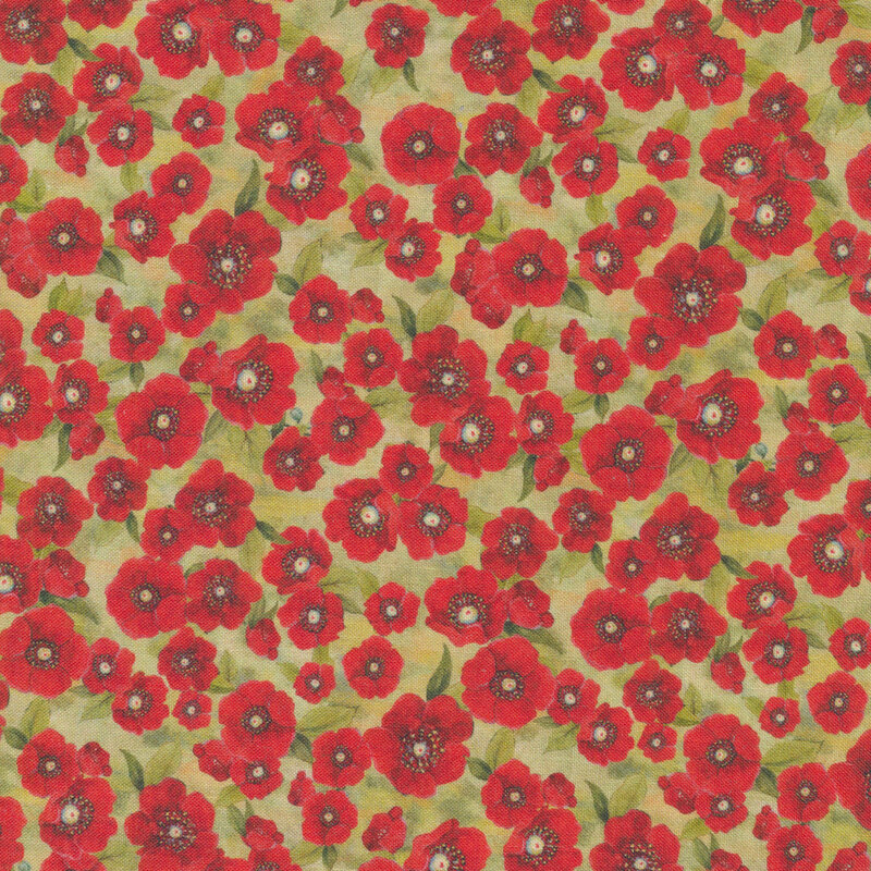 red poppy flowers all over a green fabric background