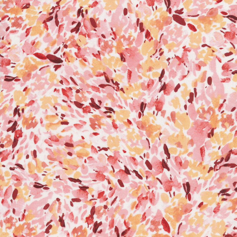 Pink, red, and peach watercolor-style flower petals all over a white fabric